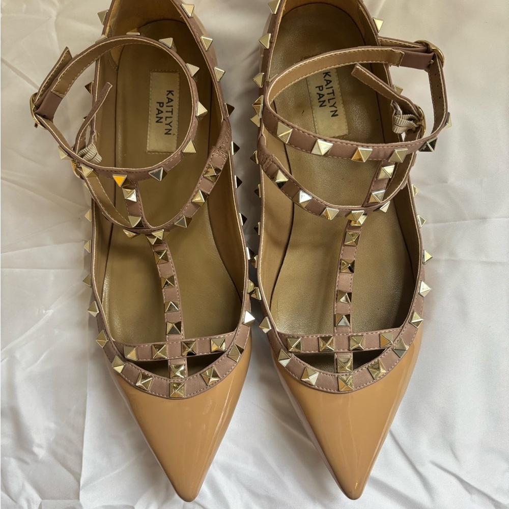 Kaitlyn Pan Women's Neutral Pink Rockstud Cage Flats Similar to Valentino style